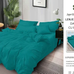 Lenjerie Bumbac Damasc Deluxe, 6 Piese cu Elastic, Turcoaz-SEP10644