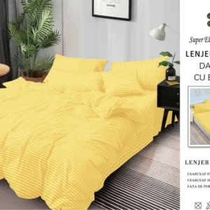 Lenjerie Bumbac Damasc Deluxe, 6 Piese cu Elastic, Galben-SEP10645