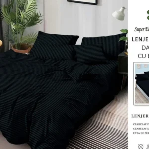 Lenjerie Bumbac Damasc Deluxe, 6 Piese cu Elastic, Negru-SEP10656