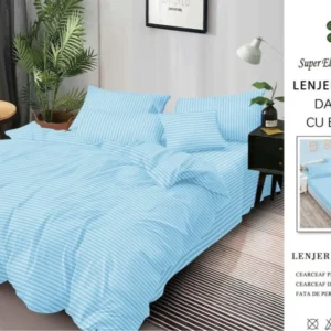 Lenjerie Bumbac Damasc Deluxe, 6 Piese cu Elastic, Bleu-SEP10653