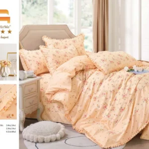 Lenjerie Bumbac Finet Premium 4 Piese cu Volanase, Portocaliu/Floricele-M4652