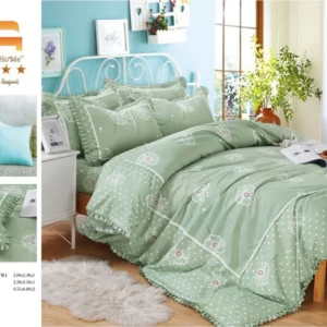Lenjerie Bumbac Finet Premium 4 Piese cu Volanase, Verde Inchis/Inimi-M4655