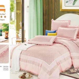 Lenjerie Bumbac Finet Premium 4 Piese cu Volanase, Roz/Floricele-M4647
