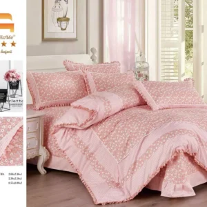 Lenjerie Bumbac Finet Premium 4 Piese cu Volanase, Roz/Floricele-M4661