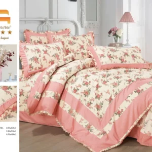 Lenjerie Bumbac Finet Premium 4 Piese cu Volanase, Corai/Crem/Flori-M4663