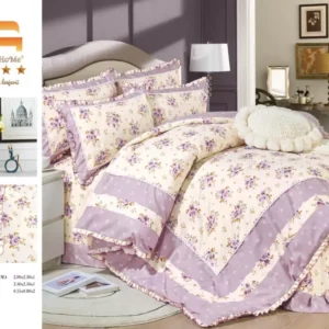 Lenjerie Bumbac Finet Premium 4 Piese cu Volanase, Crem/Lila/Flori-M9567