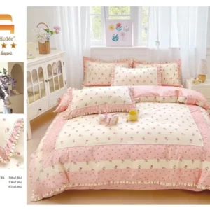 Lenjerie Bumbac Finet Premium 4 Piese cu Volanase, Crem/Roz/Lalele-M9569
