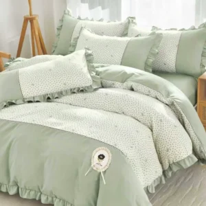 Lenjerie Bumbac Finet Premium 4 Piese cu Volanase, Verde Fistic/Fundite-M10532