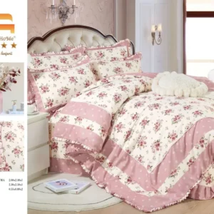 Lenjerie Bumbac Finet Premium 4 Piese cu Volanase, Crem/Roz/Flori-M9558