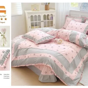 Lenjerie Bumbac Finet Premium 4 Piese cu Volanase, Roz/Gri/Fundite-M9560