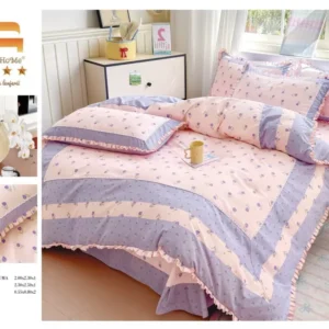 Lenjerie Bumbac Finet Premium 4 Piese cu Volanase, Roz/Lila/Lalele-M9583