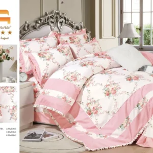 Lenjerie Bumbac Finet Premium 4 Piese cu Volanase, Roz/Crem/Floricele-M9581