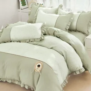Lenjerie Bumbac Finet Premium 4 Piese cu Volanase, Verde Fistic-M10529