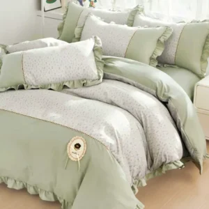 Lenjerie Bumbac Finet Premium 4 Piese cu Volanase, Verde/Floricele-M10525
