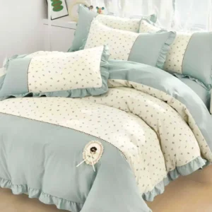 Lenjerie Bumbac Finet Premium 4 Piese cu Volanase, Vernil/Crem-M10523