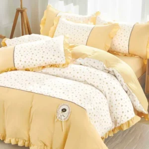 Lenjerie Bumbac Finet Premium 4 Piese cu Volanase, Galben/Floricele-M10526