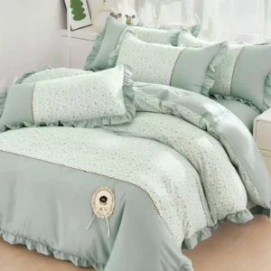 Lenjerie Bumbac Finet Premium 4 Piese cu Volanase, Verde Menta/Floricele-M10527