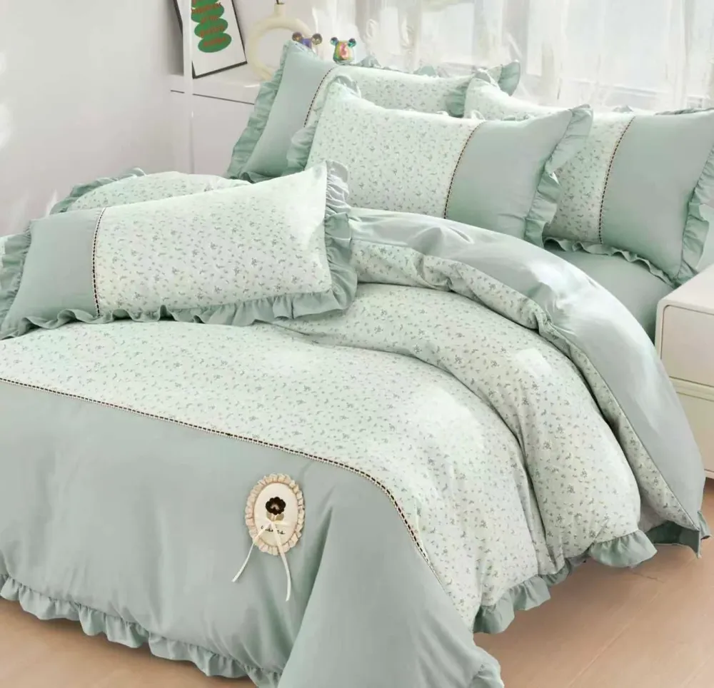Lenjerie Bumbac Finet Premium 4 Piese cu Volanase, Verde Menta/Floricele-M10527