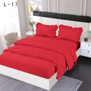 Lenjerie Bumbac Finetat 4 Piese cu Elastic, cu Volanase si Pliuri Brodate, Rosu-SEP6246