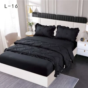 Lenjerie Bumbac Finetat 4 Piese cu Elastic, cu Volanase si Pliuri Brodate, Negru-SEP6251