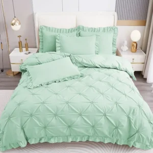 Lenjerie Bumbac Finetat 4 Piese cu Pliuri si Volanas, Verde Deschis-V4916