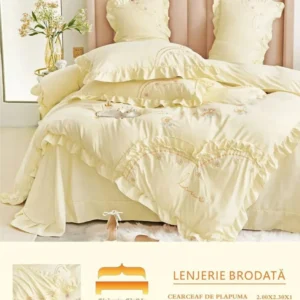 Lenjerie Bumbac Finetat Premium 4 Piese cu Volanase si Broderie, Mustar-M6214