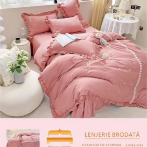 Lenjerie Bumbac Finetat Premium 4 Piese cu Volanase si Broderie, Corai-M6225