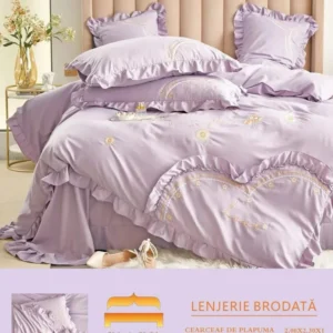 Lenjerie Bumbac Finetat Premium 4 Piese cu Volanase si Broderie, Lila-M6212