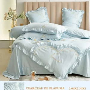 Lenjerie Bumbac Finetat Premium 4 Piese cu Volanase si Broderie, Bleu-M6213