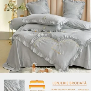 Lenjerie Bumbac Finetat Premium 4 Piese cu Volanase si Broderie, Gri-M6216
