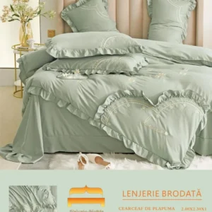 Lenjerie Bumbac Finetat Premium 4 Piese cu Volanase si Broderie, Kaki-M6220