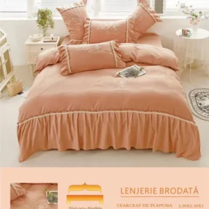 Lenjerie Bumbac Finetat Premium 4 Piese cu Volanase si Broderie, Portocaliu-M6218