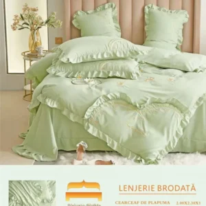 Lenjerie Bumbac Finetat Premium 4 Piese cu Volanase si Broderie, Verde-M6215