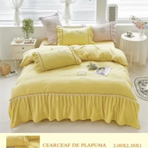 Lenjerie Bumbac Finetat Premium 4 Piese cu Volanase si Broderie, Galben-M6224