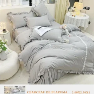 Lenjerie Bumbac Finetat Premium 4 Piese cu Volanase si Broderie, Gri-M6222