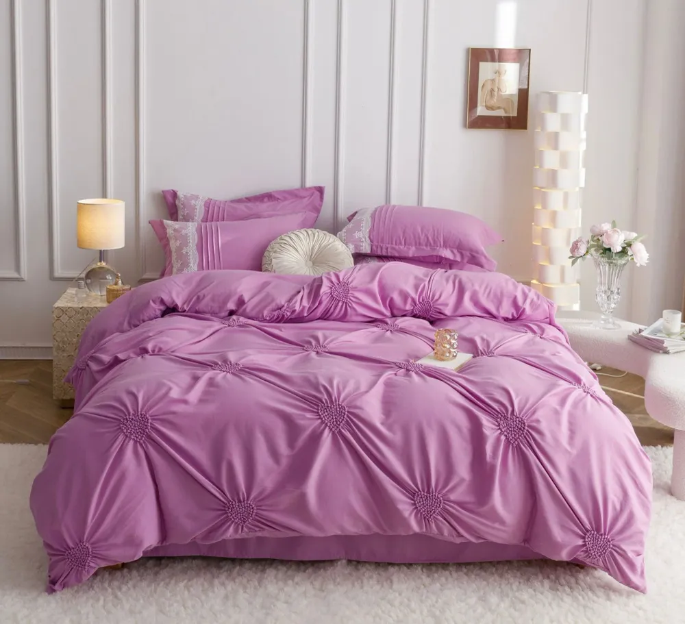 Lenjerie Bumbac Finetat Premium, Soft Touch, 6 Piese, cu Inimi Brodate, Mov