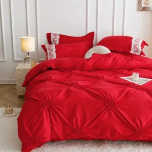 Lenjerie Bumbac Finetat Premium, Soft Touch, 6 Piese, cu Inimi Brodate, Rosu