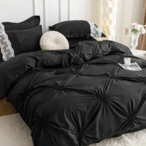 Lenjerie Bumbac Finetat Premium, Soft Touch, 6 Piese, cu Inimi Brodate, Negru