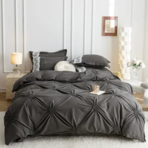Lenjerie Bumbac Finetat Premium, Soft Touch, 6 Piese, cu Inimi Brodate, Gri Inchis