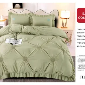 Lenjerie Bumbac Finetat Soft Touch, 4 Piese cu Inimi Brodate, Verde-D5417