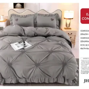 Lenjerie Bumbac Finetat Soft Touch, 4 Piese cu Inimi Brodate, Gri-D5422