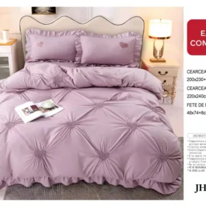 Lenjerie Bumbac Finetat Soft Touch, 4 Piese cu Inimi Brodate, Lila-D5419
