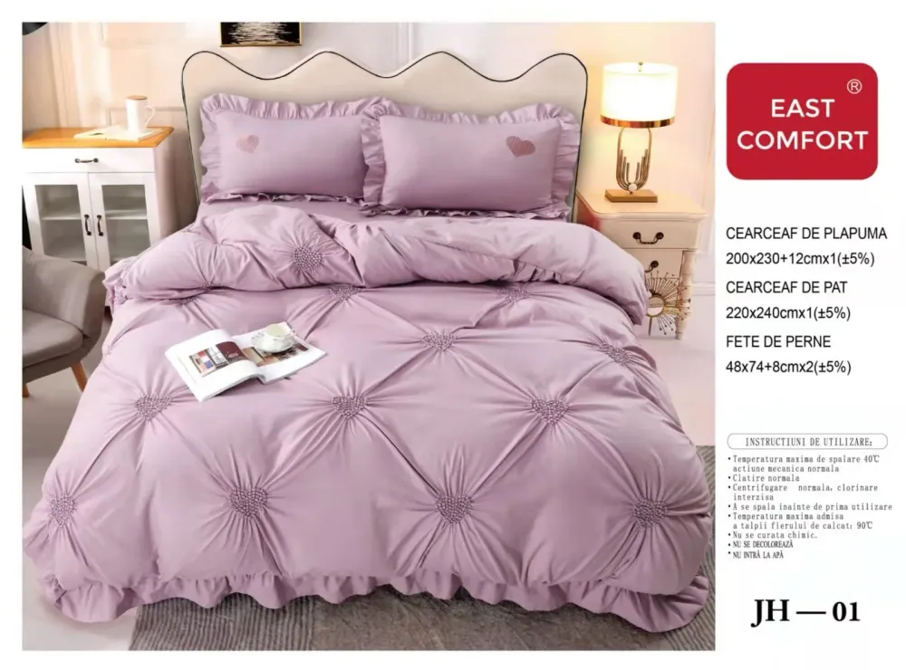 Lenjerie Bumbac Finetat Soft Touch, 4 Piese cu Inimi Brodate, Lila-D5419