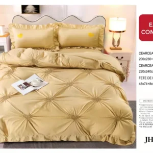 Lenjerie Bumbac Finetat Soft Touch, 4 Piese cu Inimi Brodate, Galben-D5420