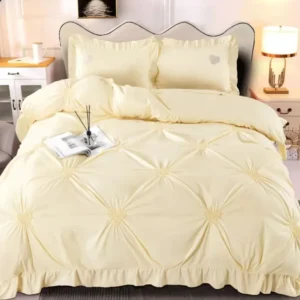Lenjerie Bumbac Finetat Soft Touch, 4 Piese cu Inimi Brodate, Crem-D9160