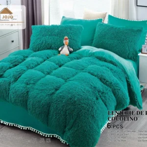 Lenjerie Cocolino Fluffy Pufoasa, cu Ciucuri, 6 Piese, Verde Deschis-C4129