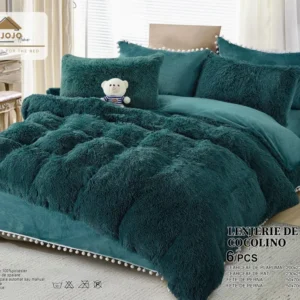 Lenjerie Cocolino Fluffy Pufoasa, cu Ciucuri, 6 Piese, Verde Inchis-C4128