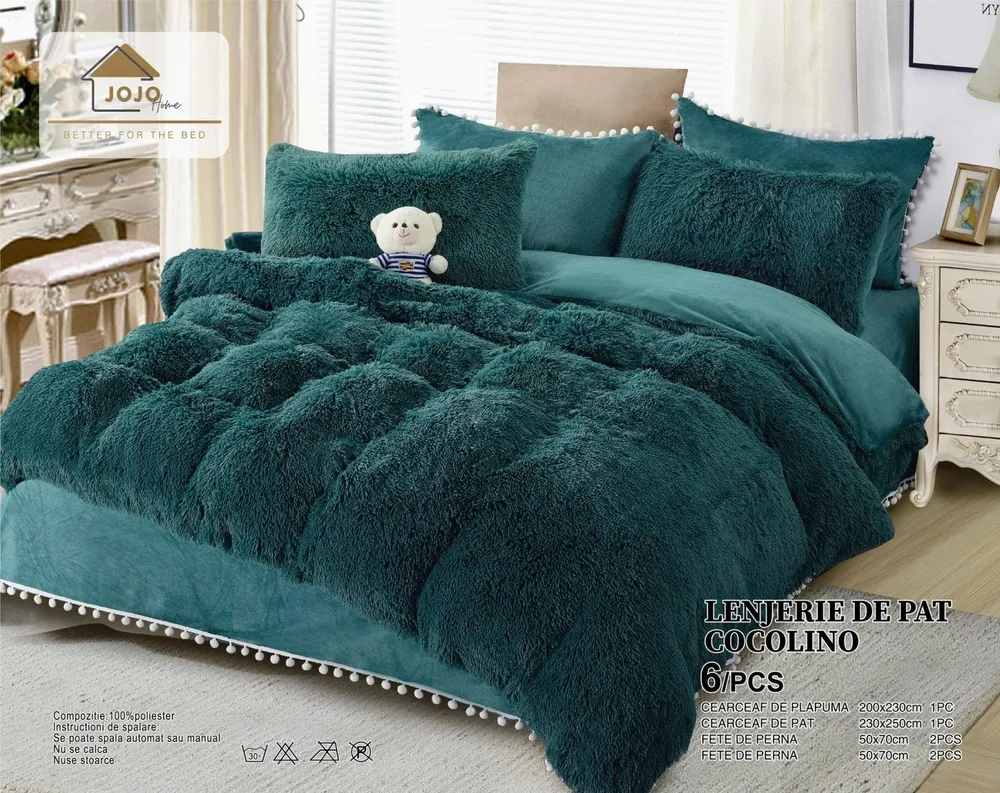 Lenjerie Cocolino Fluffy Pufoasa, cu Ciucuri, 6 Piese, Verde Inchis-C4128