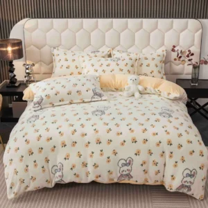 Lenjerie Cocolino 4 Piese cu Elastic, Pat Dublu, Iepurasi/Floricele-C9351