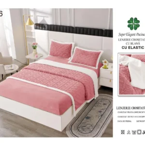 Lenjerie Crosetata Tip Tricotaj, cu Blanita, 4 Piese, cu Elastic, Roz-SEP5530